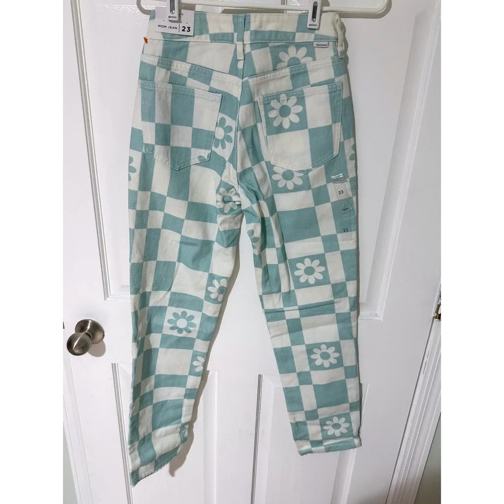 PacSun Mom Jeans Teal White Checkered Daisy Flower Print‎ High Rise Size 23 NWT